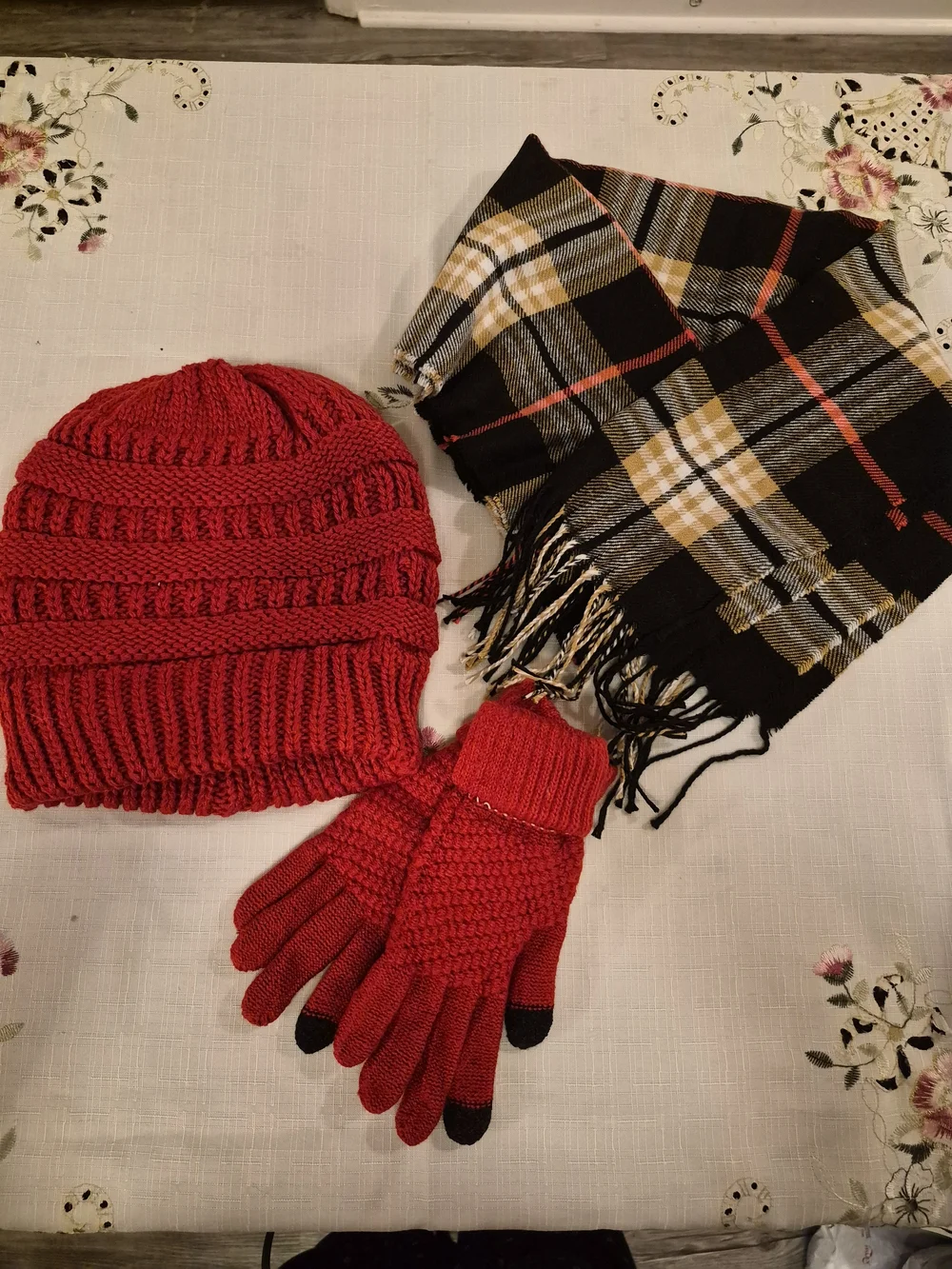 Women’s Red Knit Beanie & Touchscreen Gloves Set with Plaid Scarf